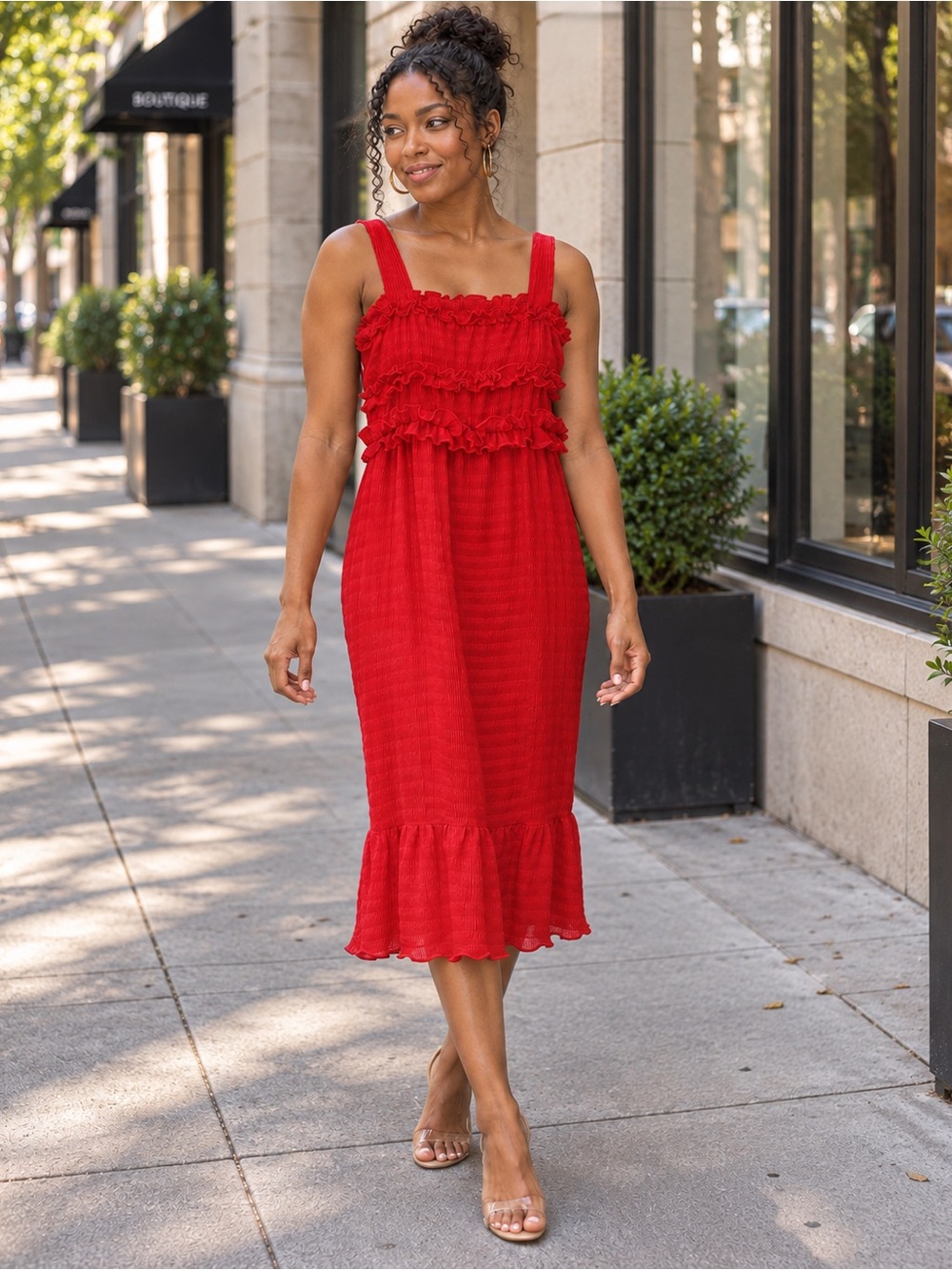 Gianni Bini Red Ruffle Snyder Fit & Flare Midi Ruffle Chiffon Dress NWOT Size S - Picture 1 of 12